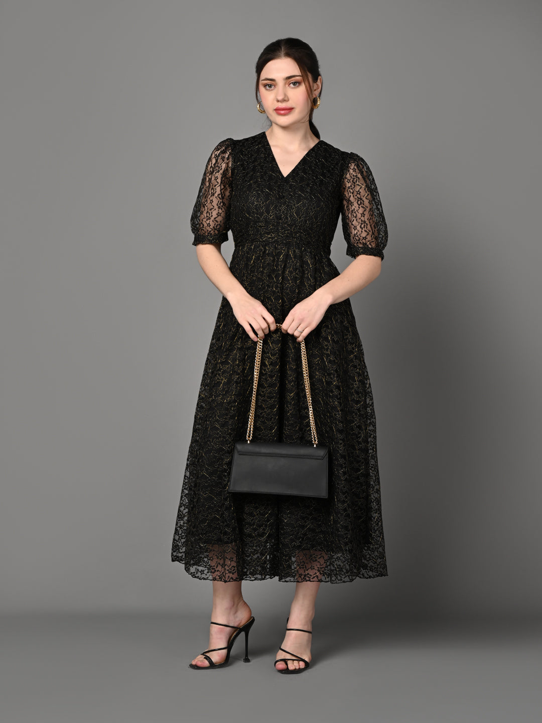 Stylish Black Textured Pleated Midi Dress