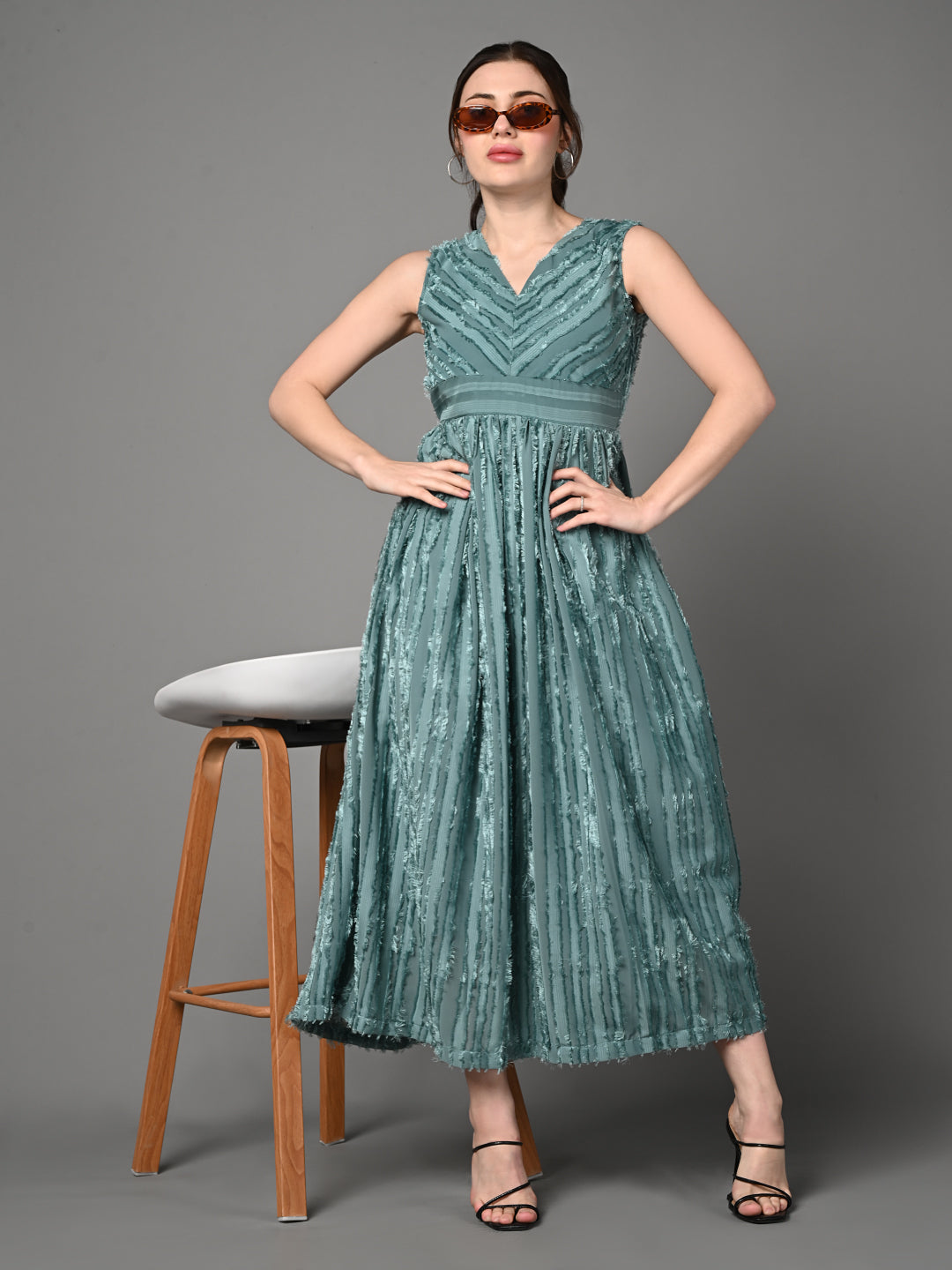 Embellished Blue Flared Midi Dress