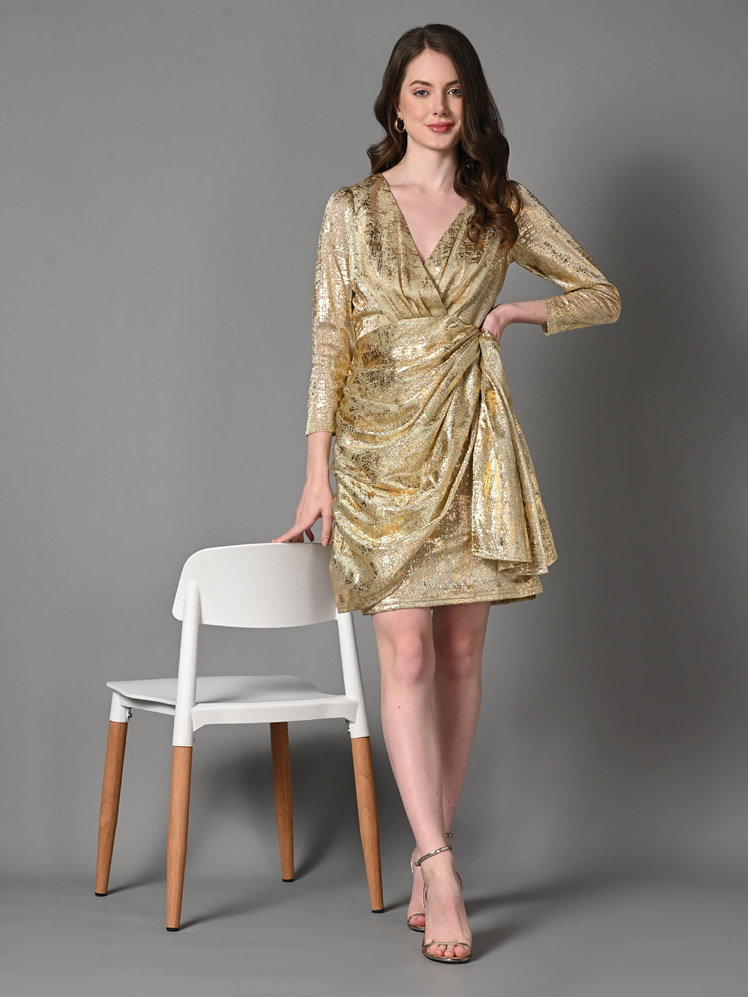 Embellished Gold Ruched Layered Party Dress