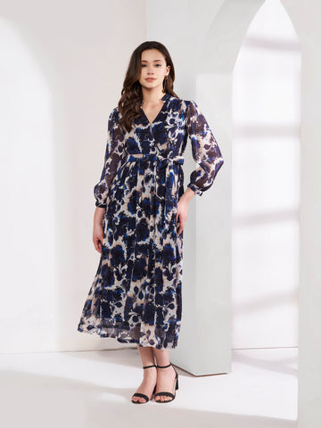 Printed Black and White Flared Dress