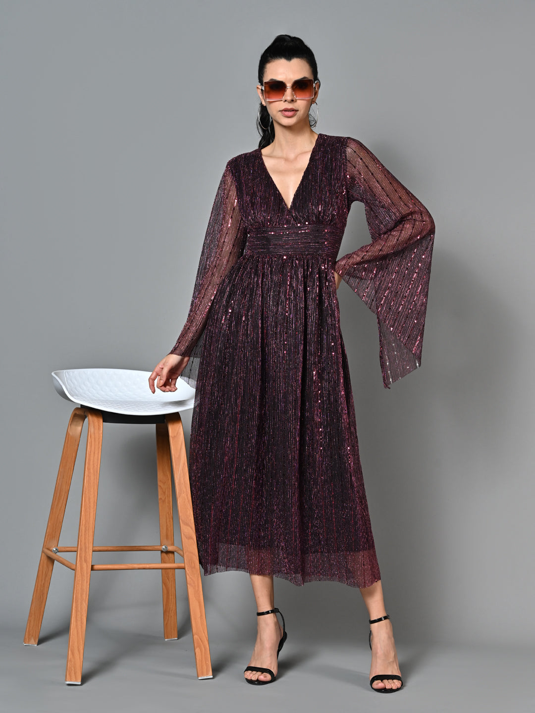 Embellished Pleated Purple Flared Dress