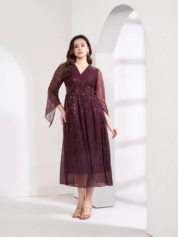 Embellished Pleated Purple Flared Dress