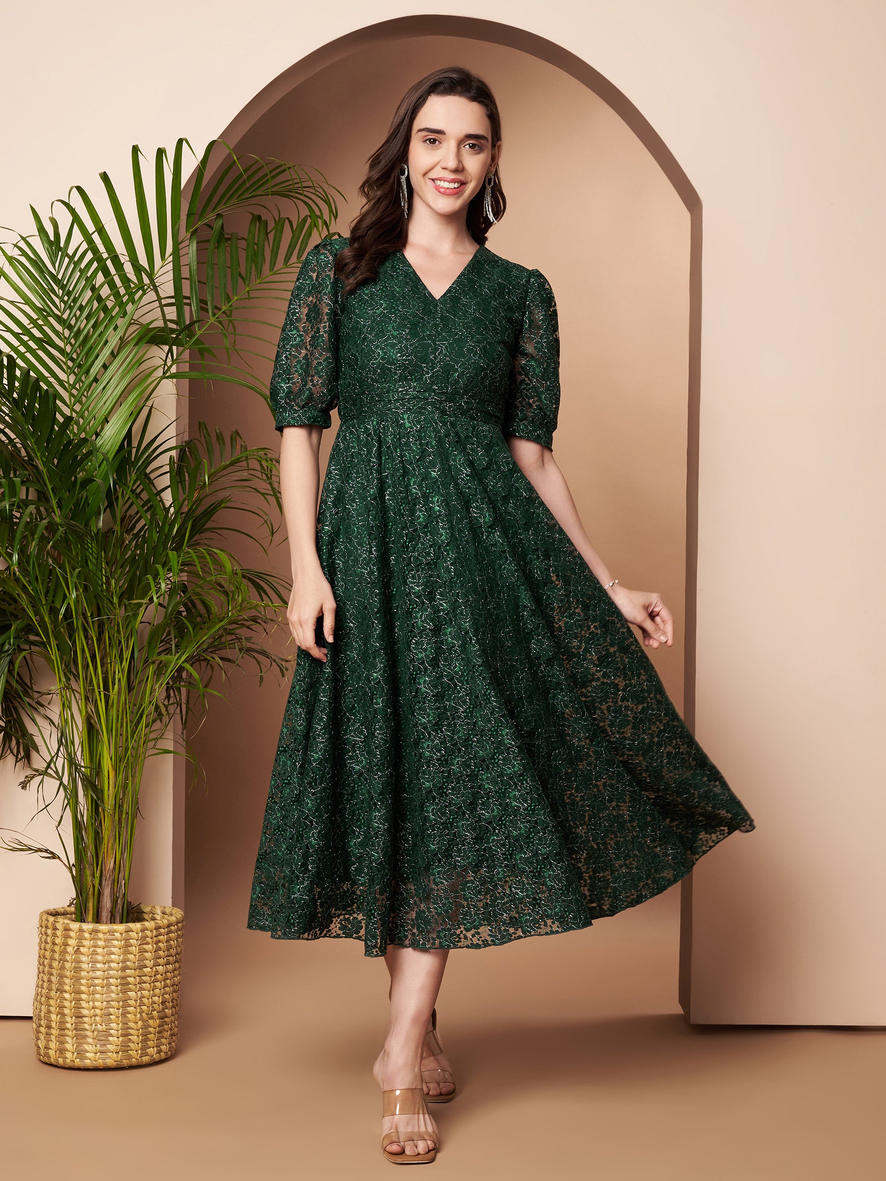 V-neck Fit & Flair Lace Dress