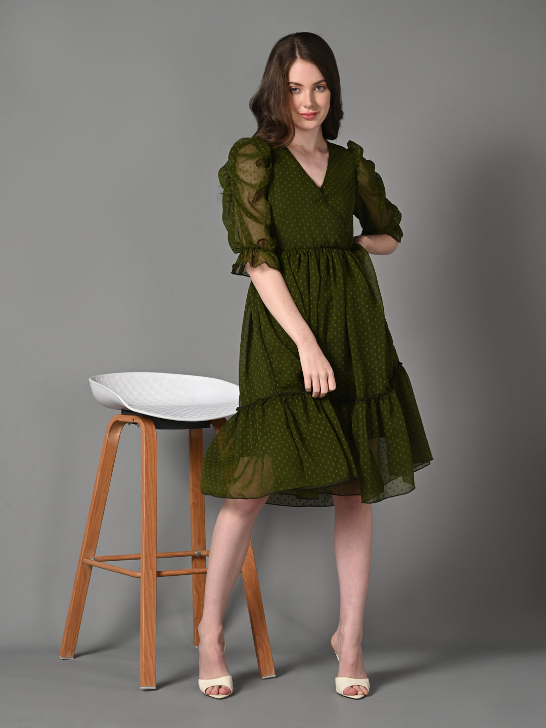 Classy Green Ruffled Pleated Dress