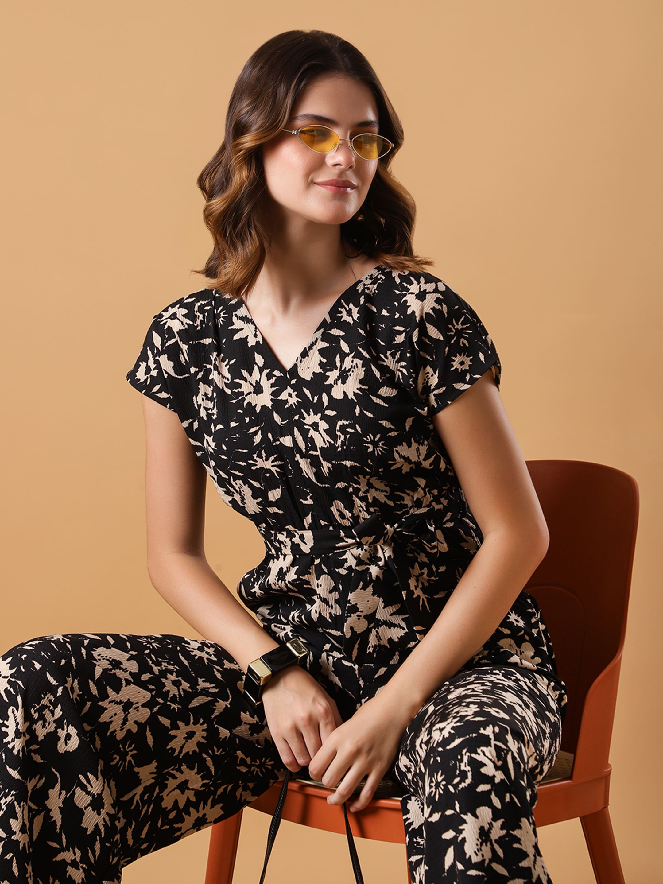 V-neck Black Floral Jumpsuit