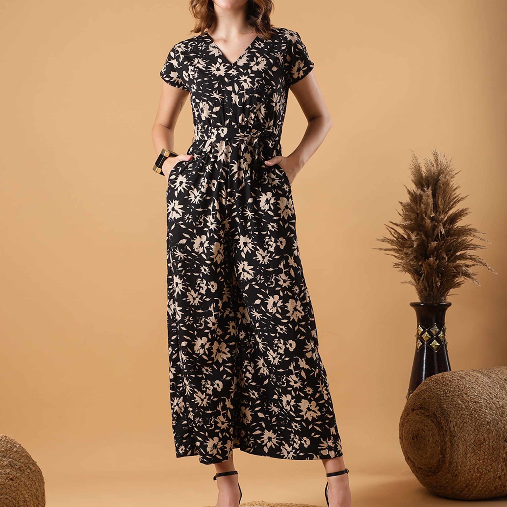 V-neck Black Floral Jumpsuit