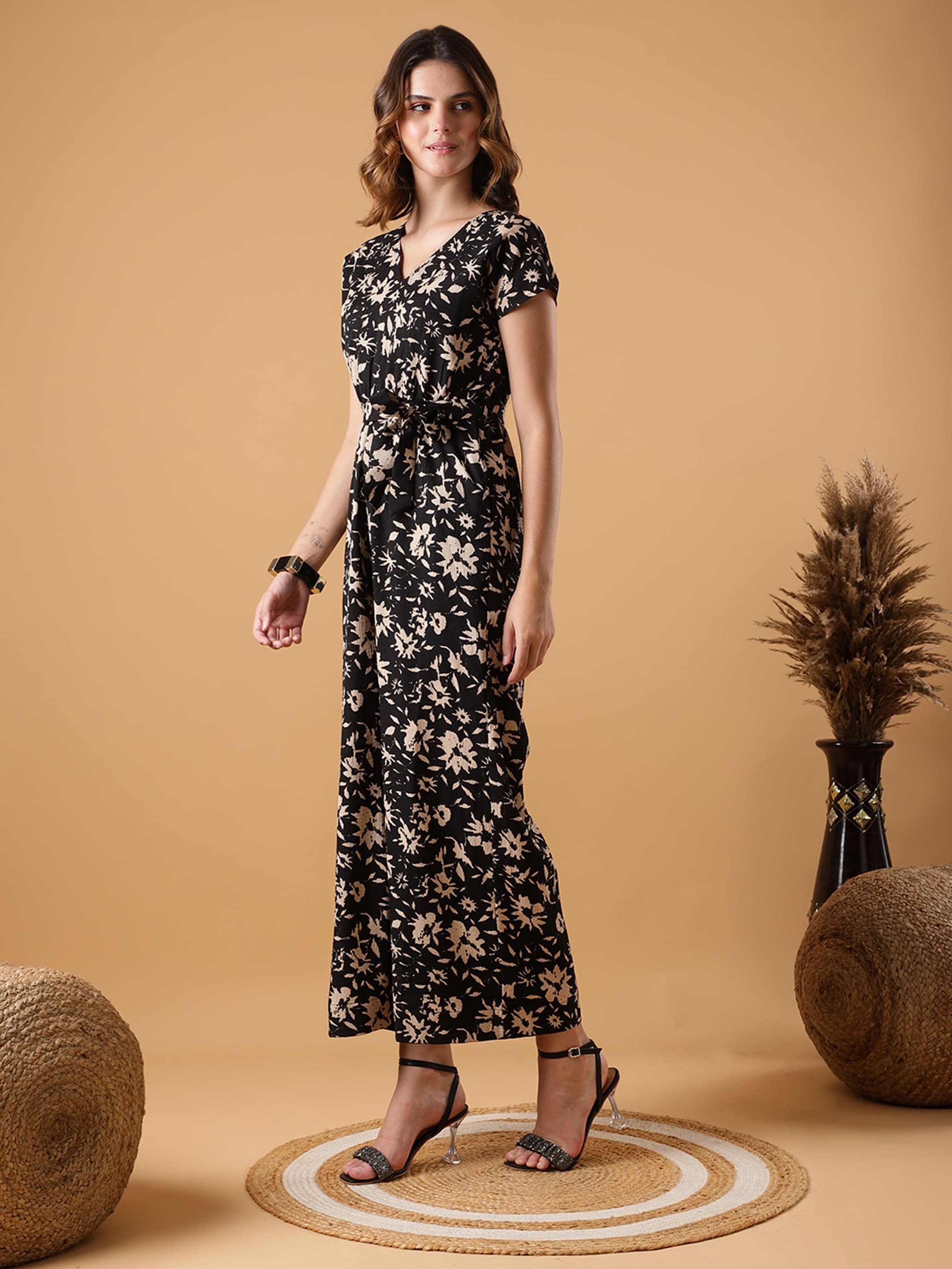 V-neck Black Floral Jumpsuit