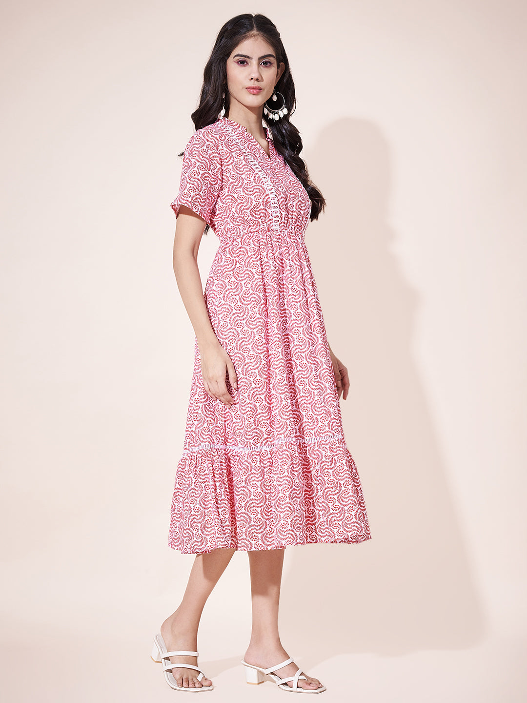Fancy Pink Printed Ruffled Dress