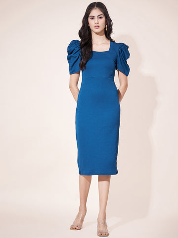 Classy Blue Fitted Sheath Dress