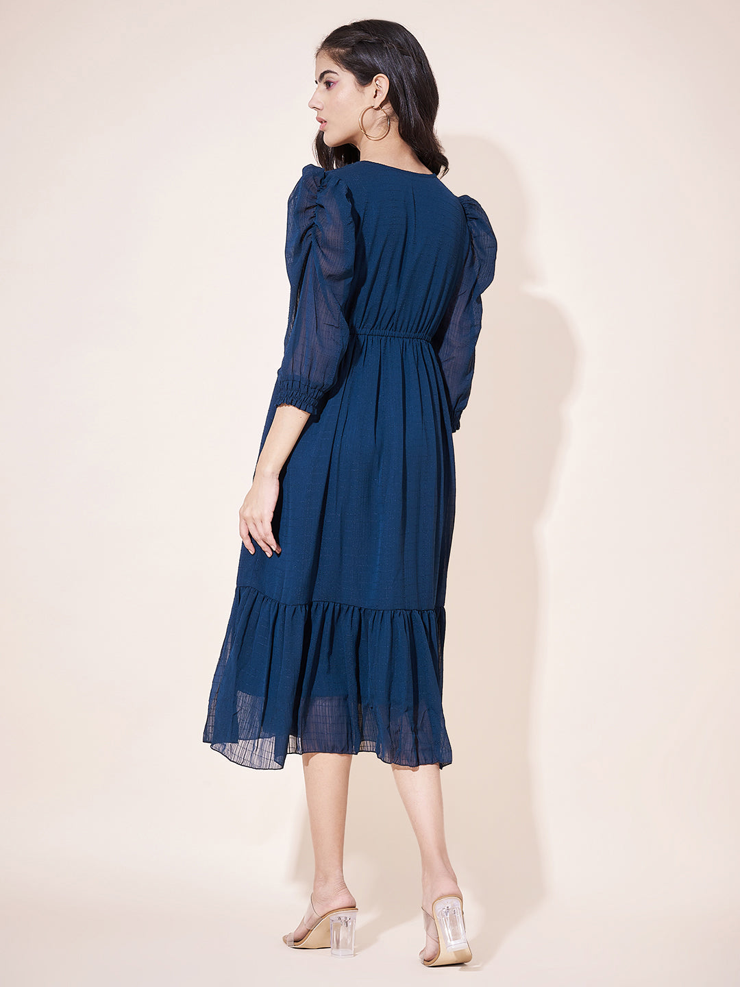 Classy Blue Ruffled A- Line Dress