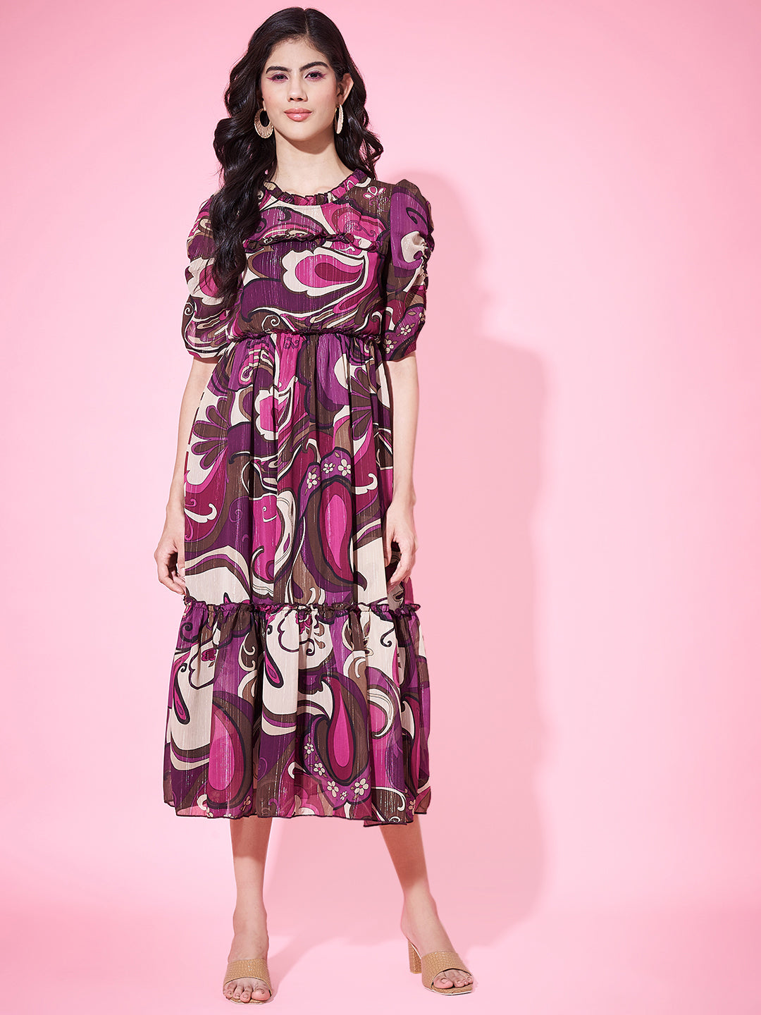Stylish Printed Pleated Flared Dress