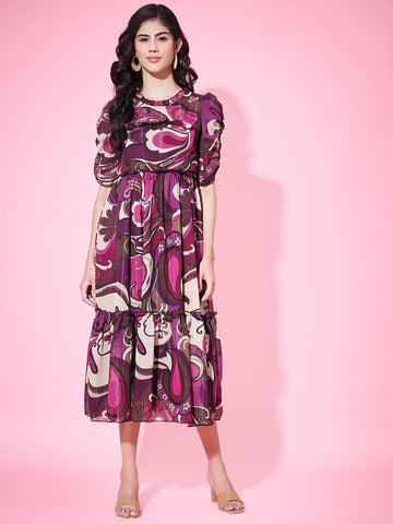 Stylish Printed Pleated Flared Dress