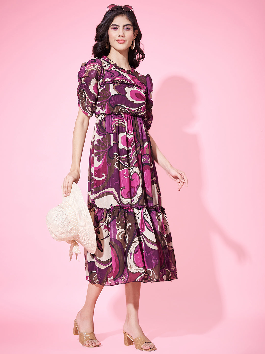 Stylish Printed Pleated Flared Dress