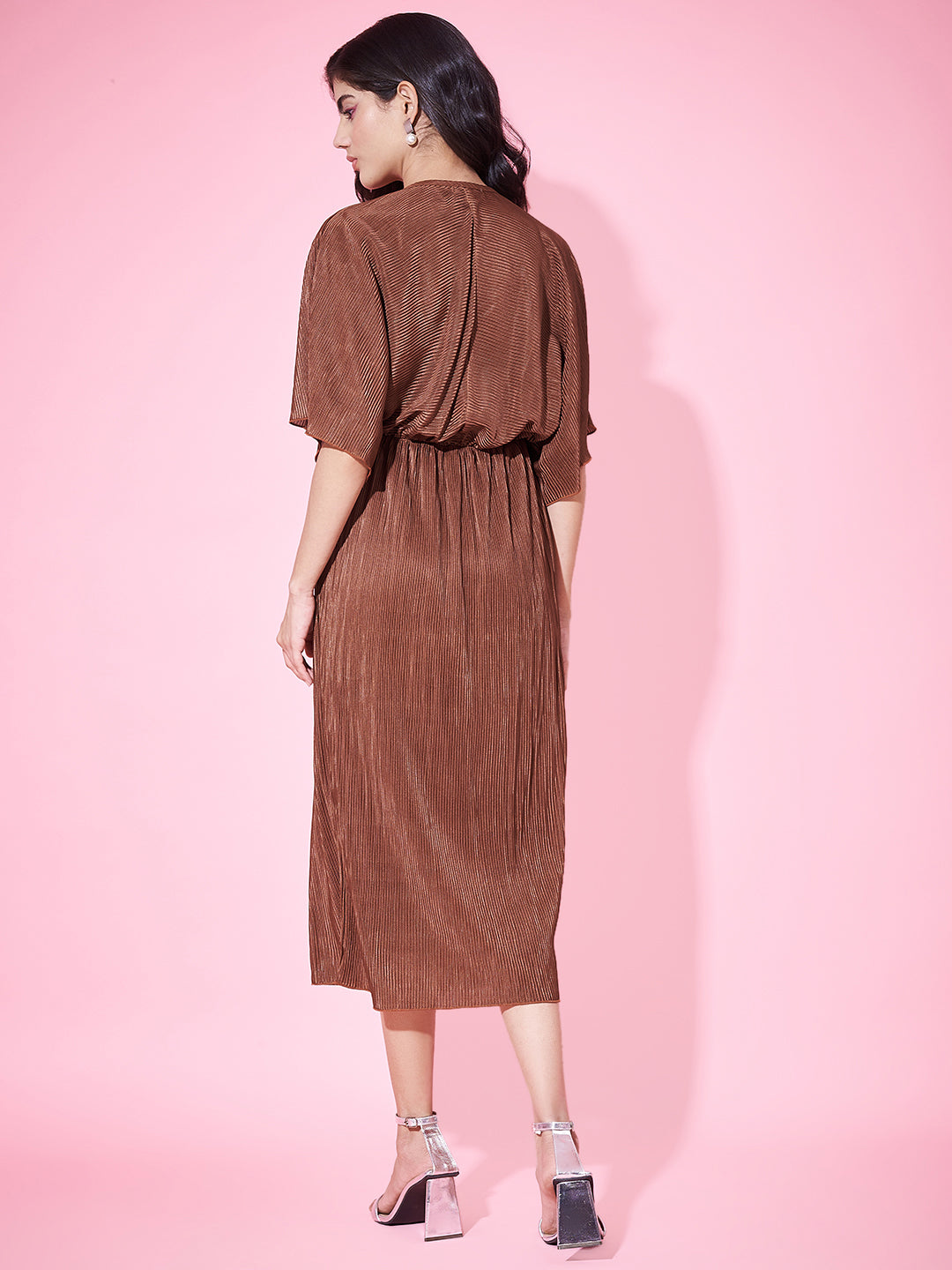 Fancy Brown Pleated Flared Dress