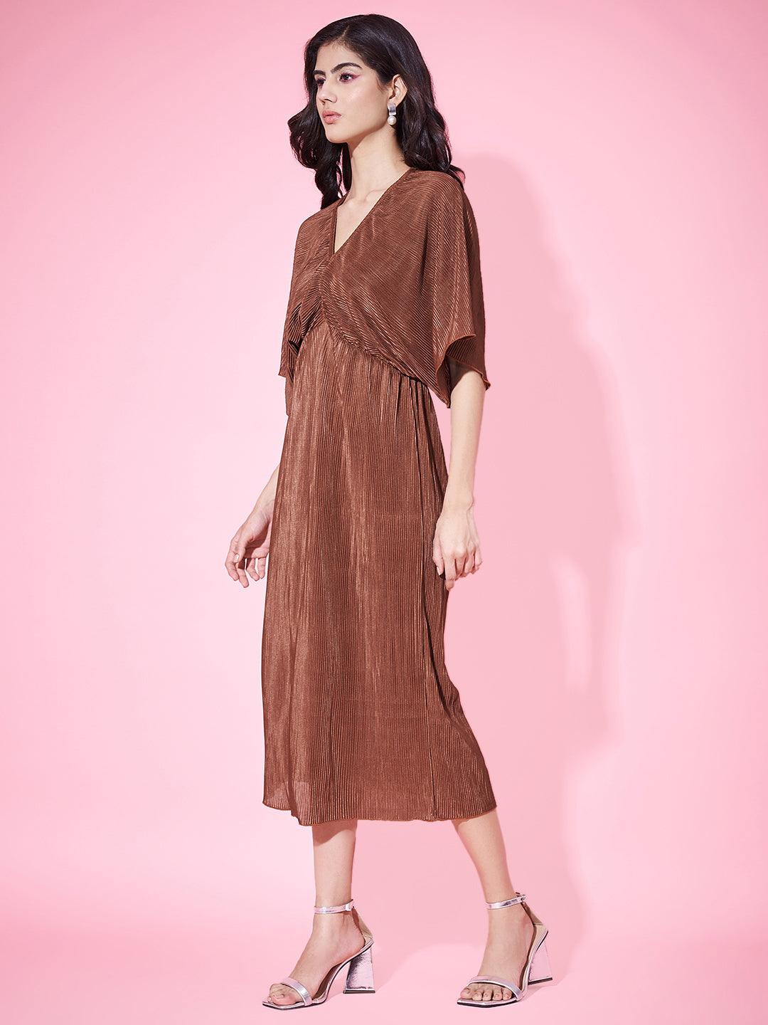 Fancy Brown Pleated Flared Dress