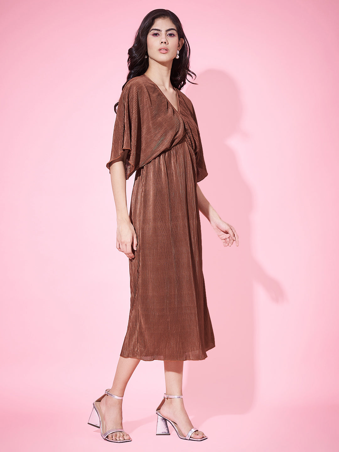 Fancy Brown Pleated Flared Dress