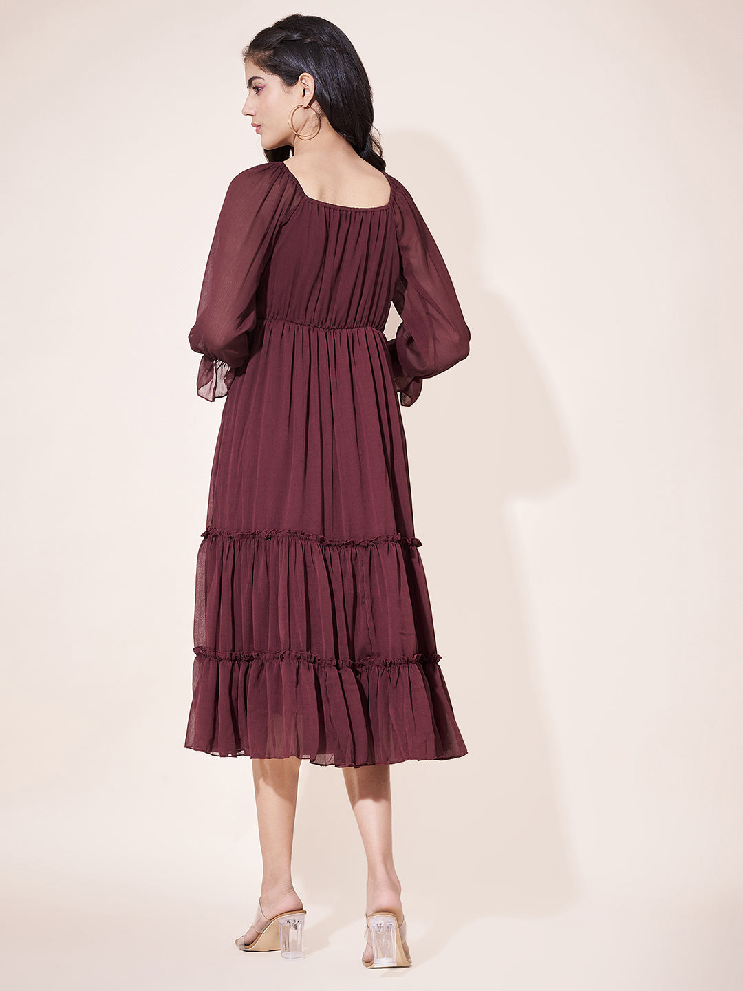 Stylish Maroon Flared Ruched Midi Dress