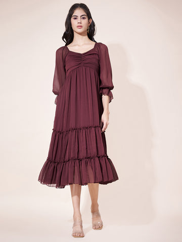 Stylish Maroon Flared Ruched Midi Dress