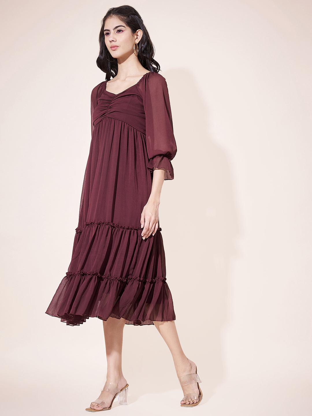 Stylish Maroon Flared Ruched Midi Dress