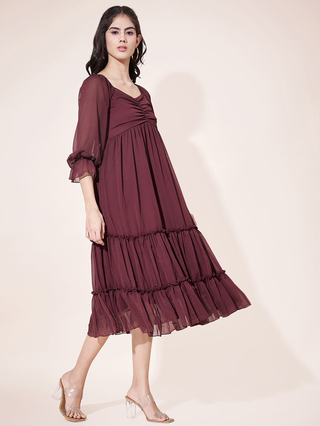 Stylish Maroon Flared Ruched Midi Dress