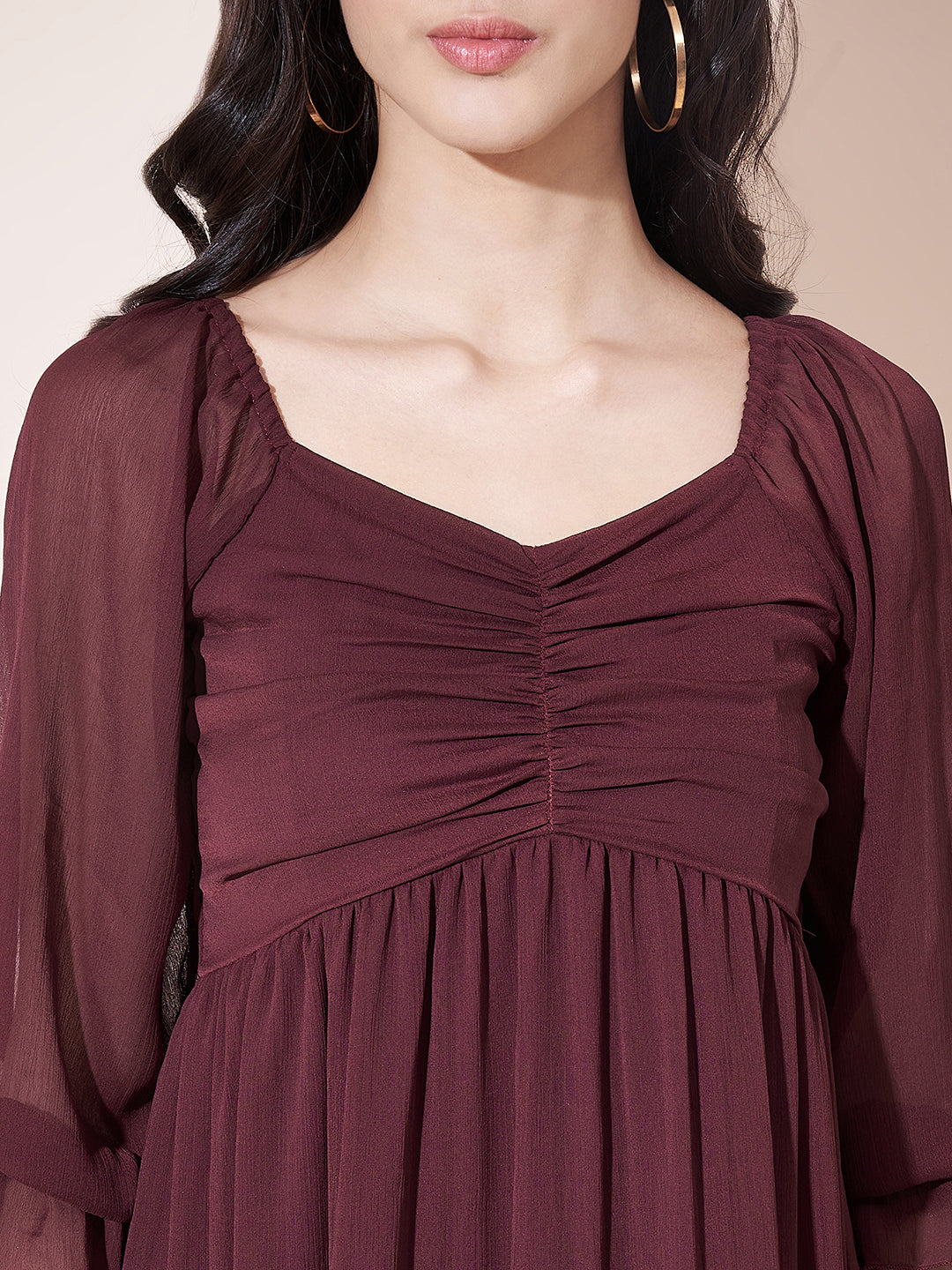 Stylish Maroon Flared Ruched Midi Dress