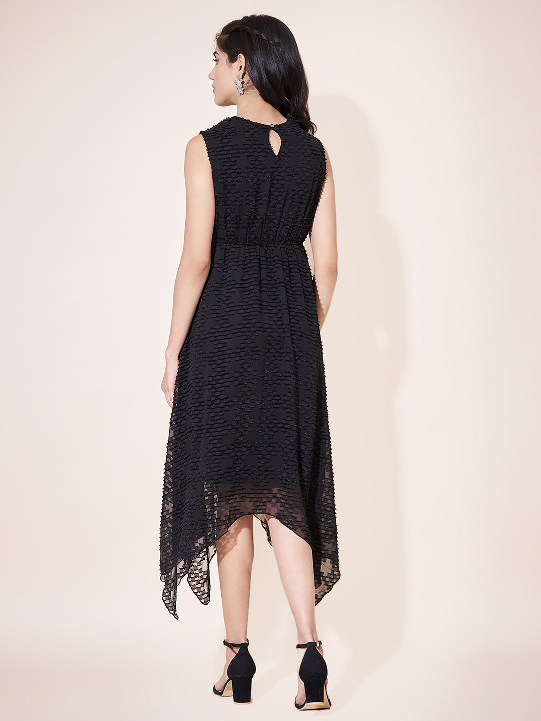 Stylish Textured Black Flared Ruffled Dress