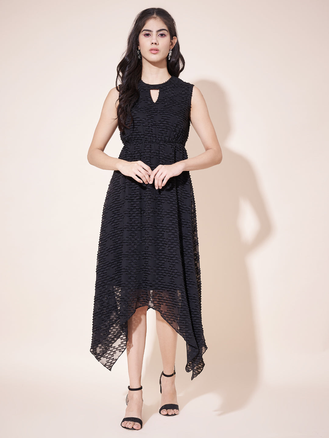 Stylish Textured Black Flared Ruffled Dress