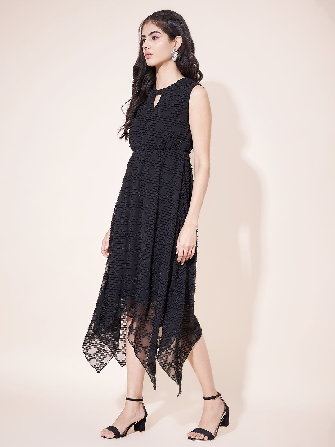 Stylish Textured Black Flared Ruffled Dress