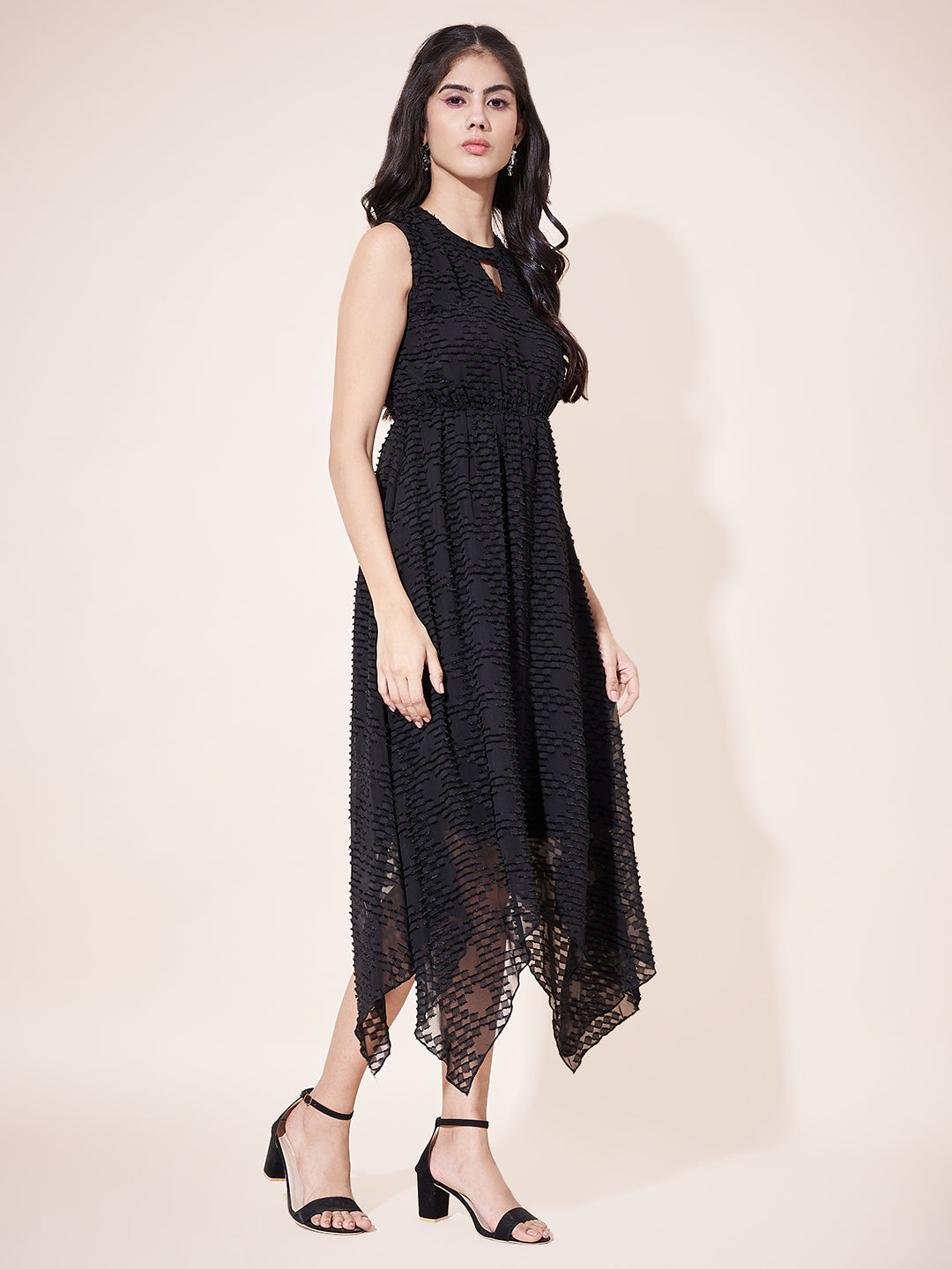 Stylish Textured Black Flared Ruffled Dress