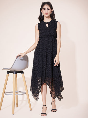 Stylish Textured Black Flared Ruffled Dress