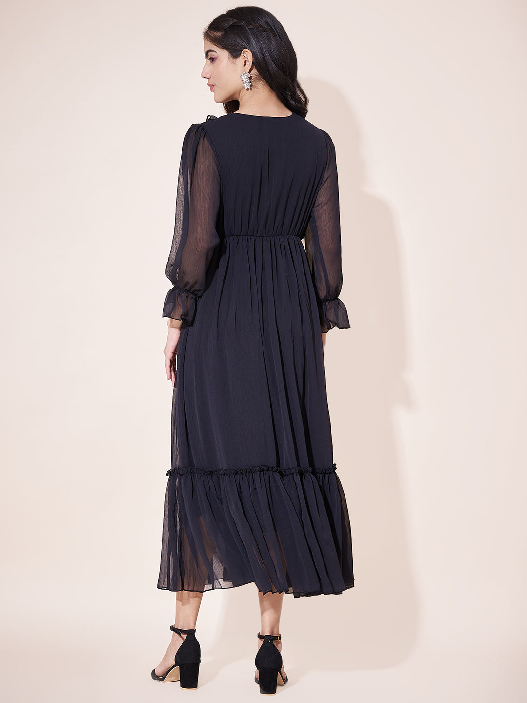 Fancy Black Ruffled Midi Dress