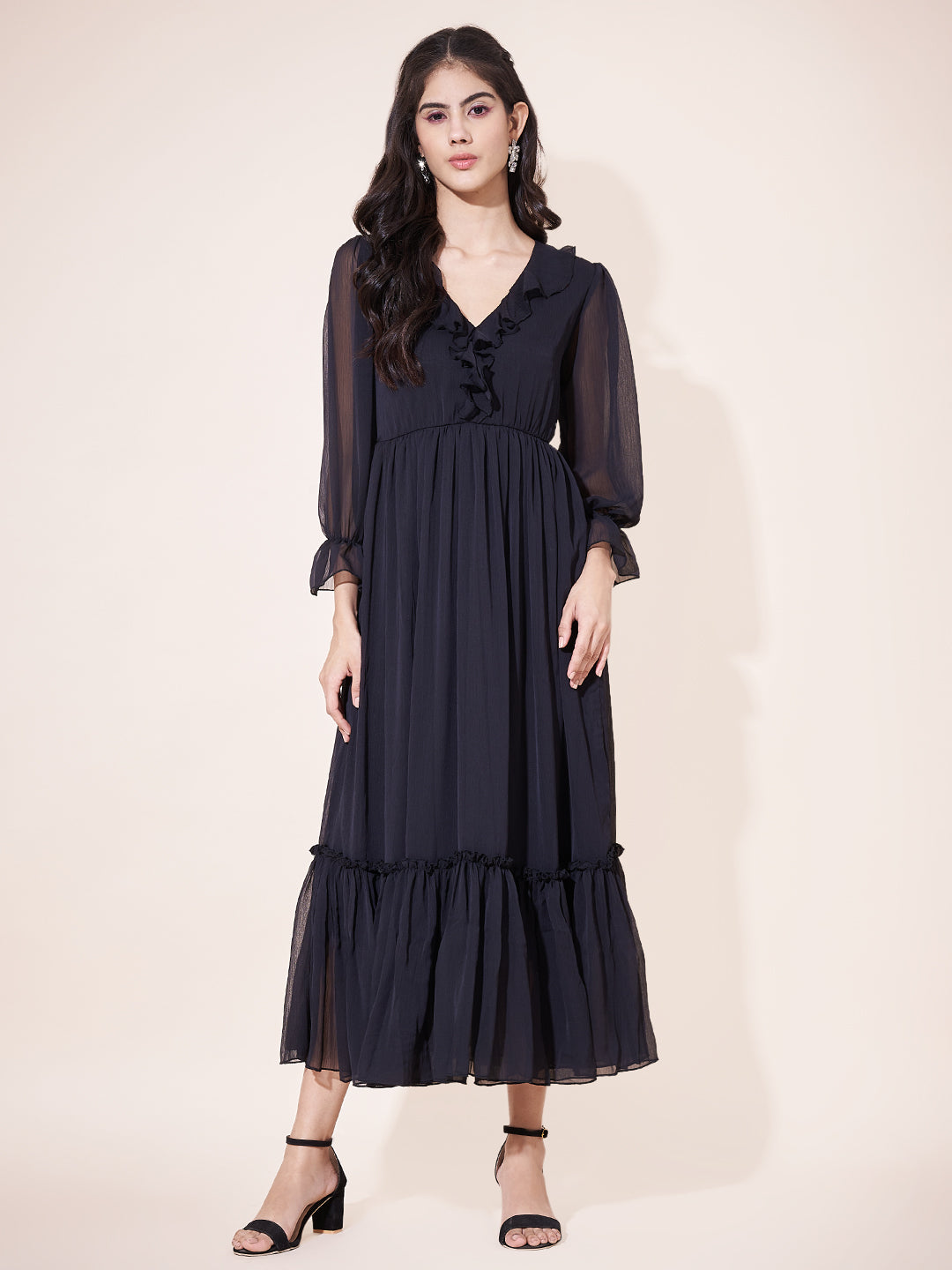 Fancy Black Ruffled Midi Dress