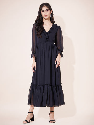 Fancy Black Ruffled Midi Dress