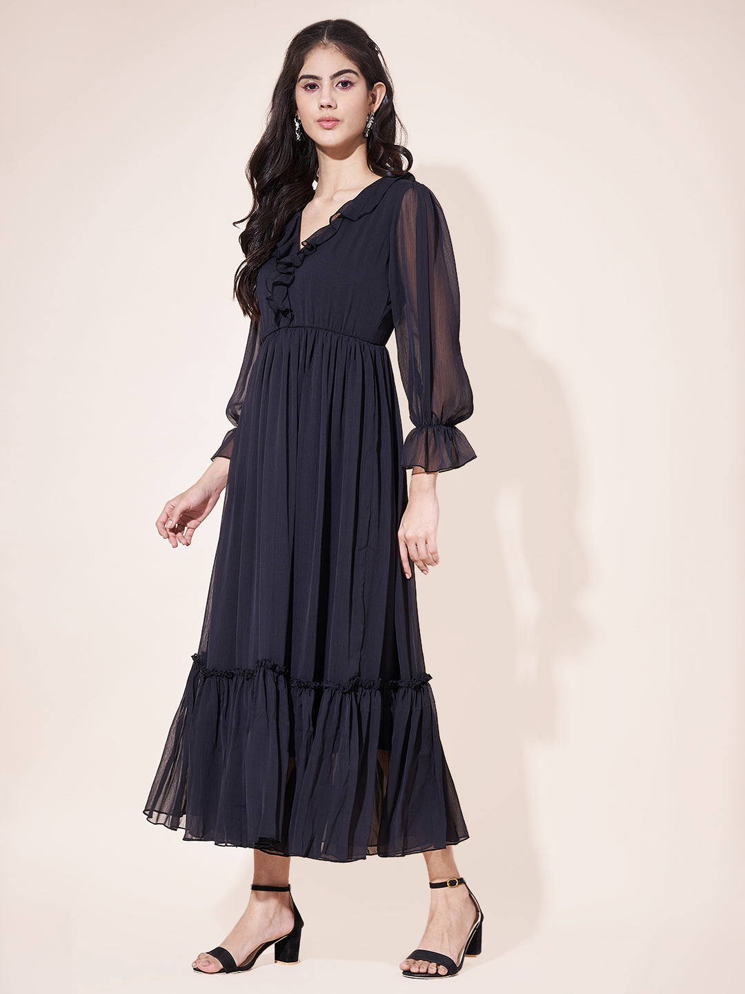 Fancy Black Ruffled Midi Dress