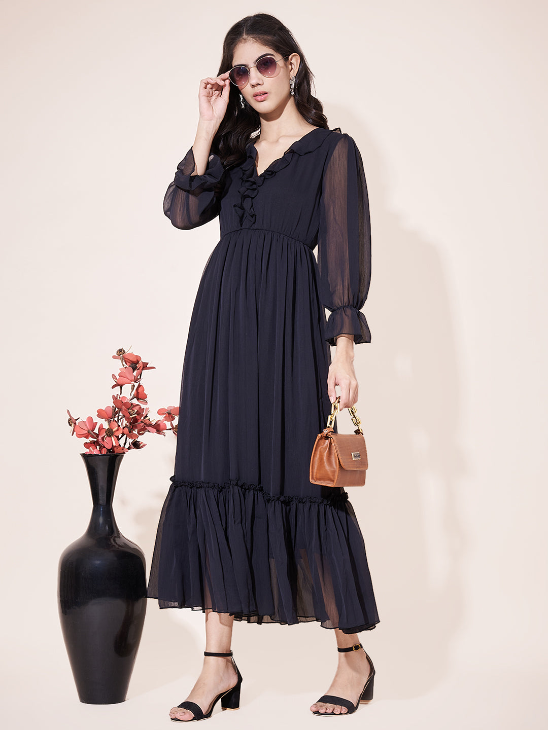 Fancy Black Ruffled Midi Dress