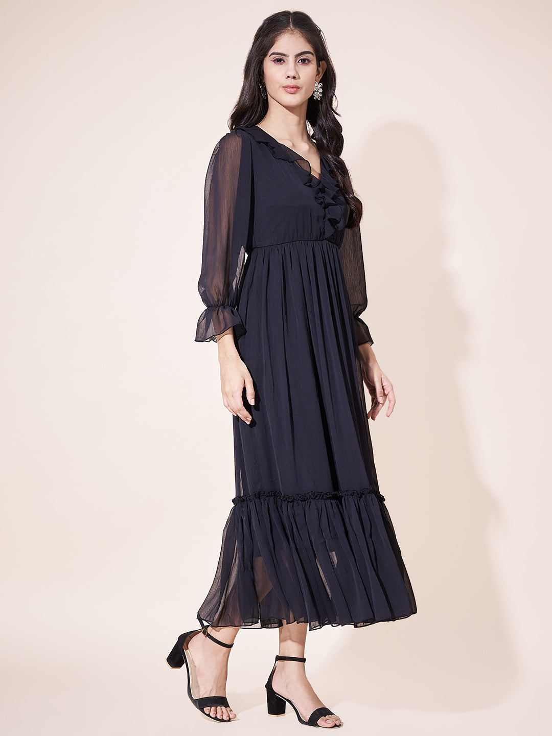Fancy Black Ruffled Midi Dress