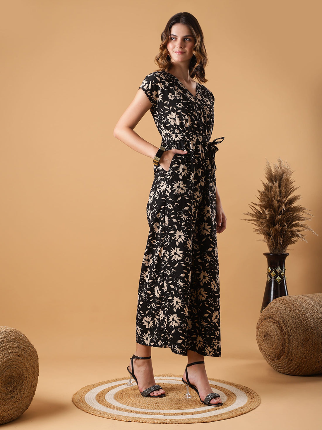 V-neck Black Floral Jumpsuit