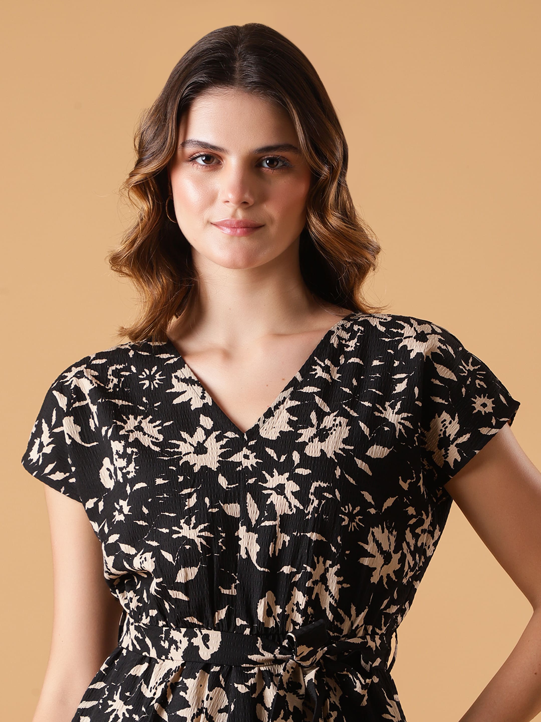 V-neck Black Floral Jumpsuit