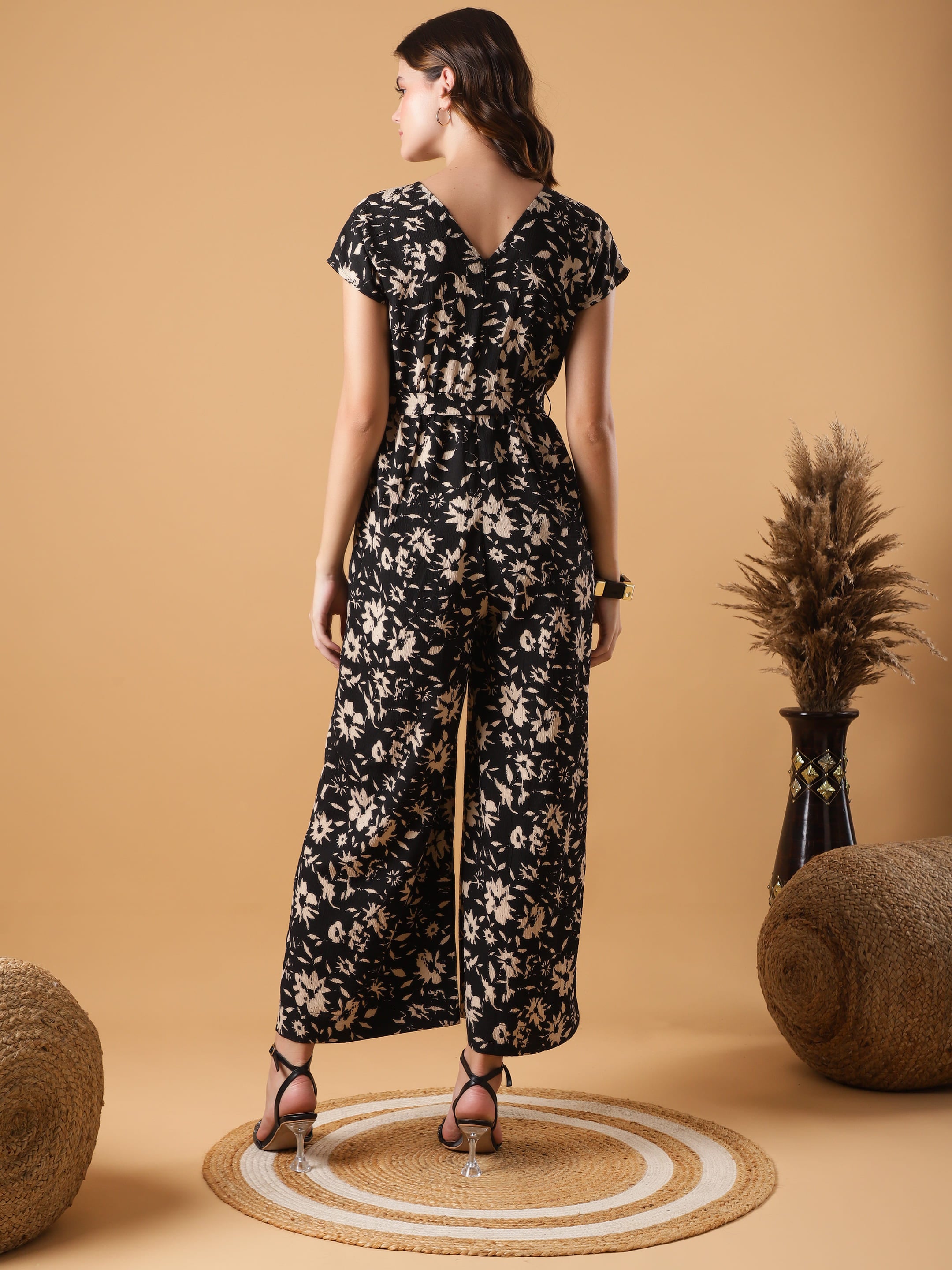 V-neck Black Floral Jumpsuit