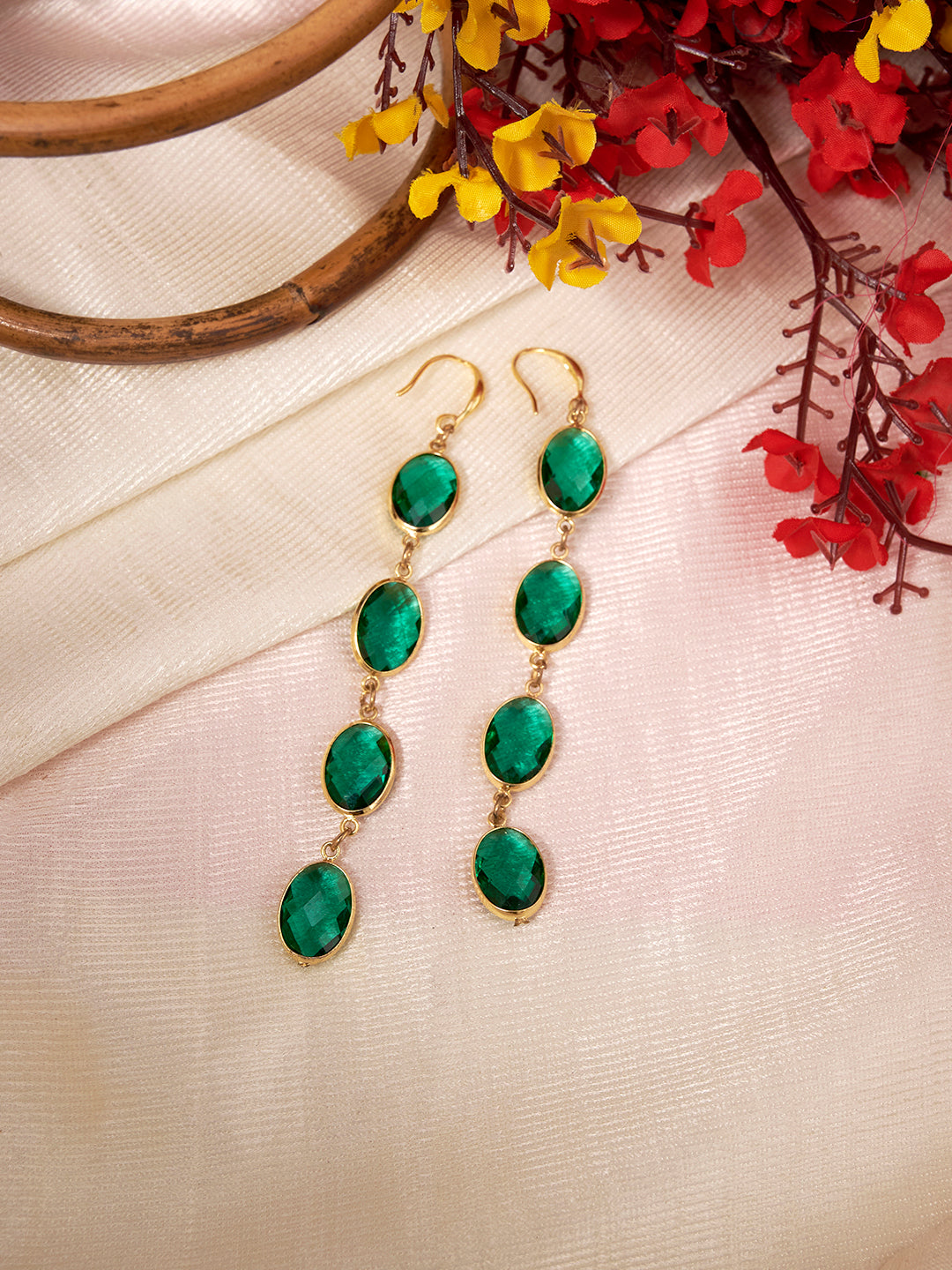 Women Gold-Plated Anti-Tarnish Cubic Zirconia Green Drop Earrings