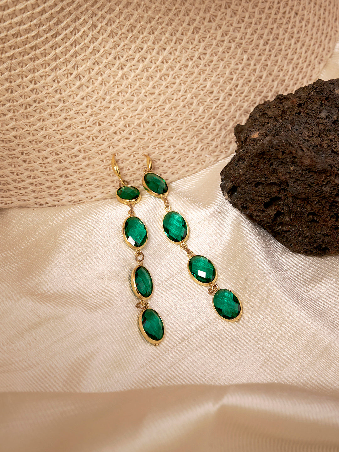 Women Gold-Plated Anti-Tarnish Cubic Zirconia Green Drop Earrings