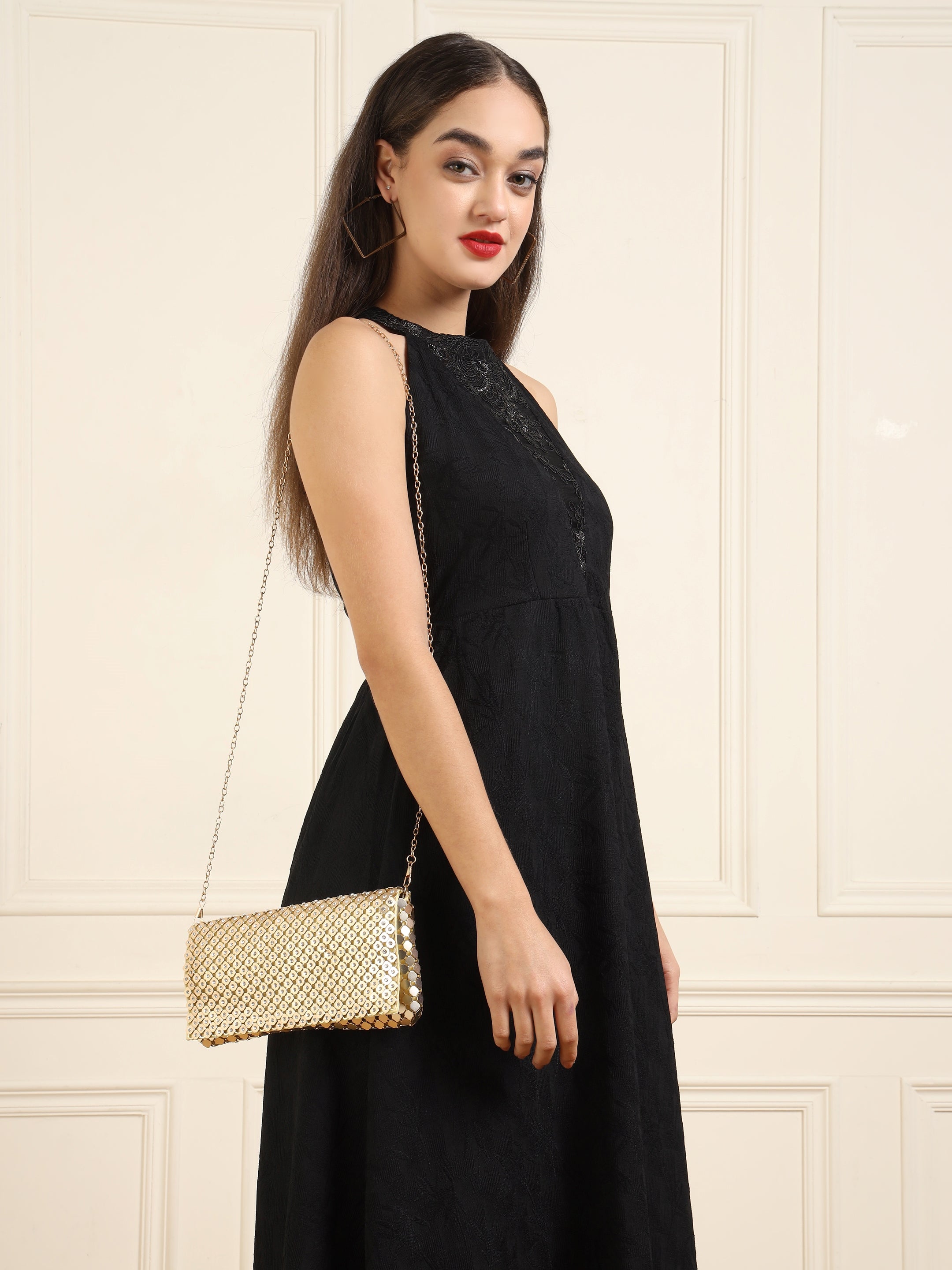 Embellished Golden Metallic Sling Bag