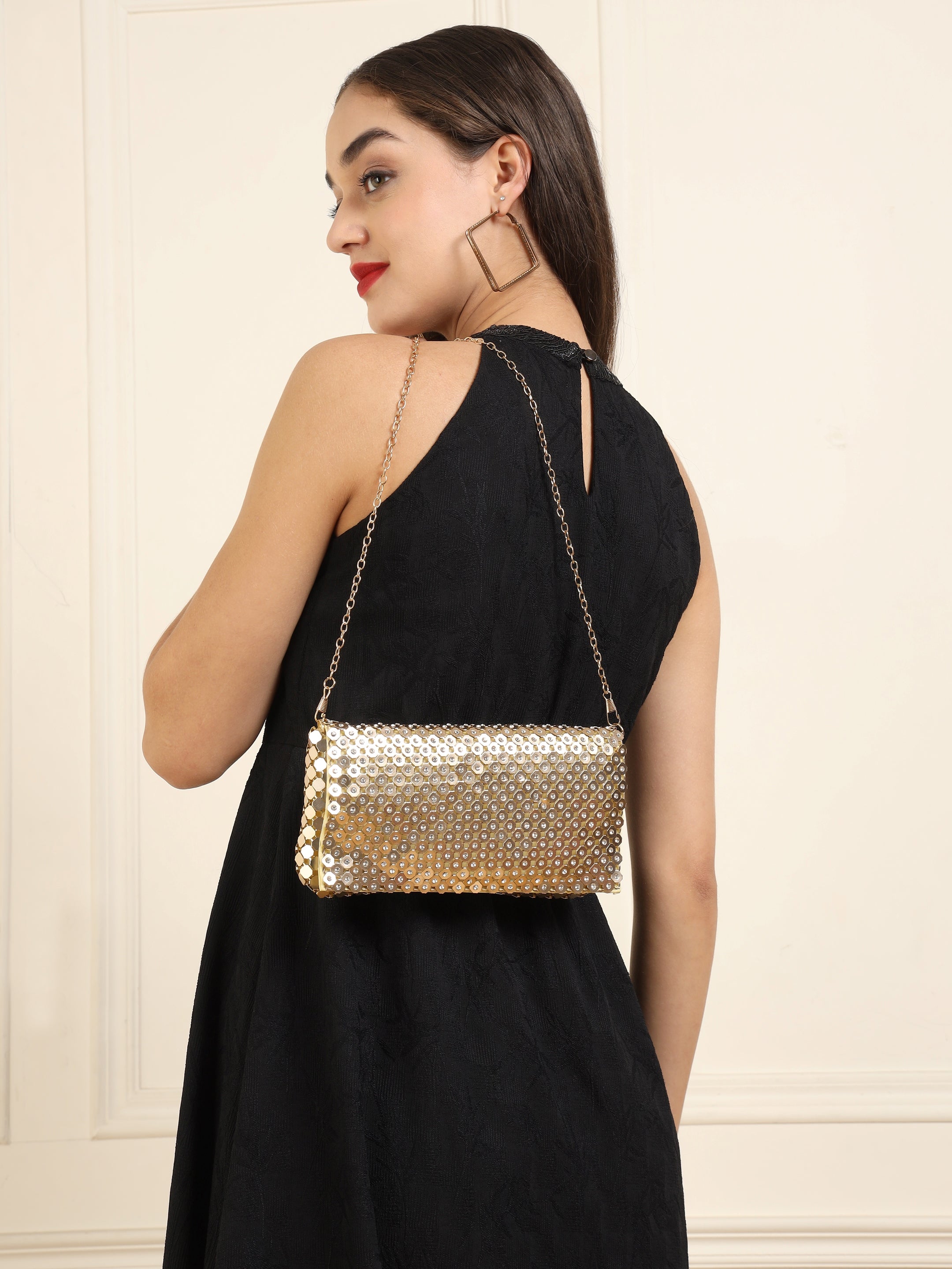 Embellished Golden Metallic Sling Bag