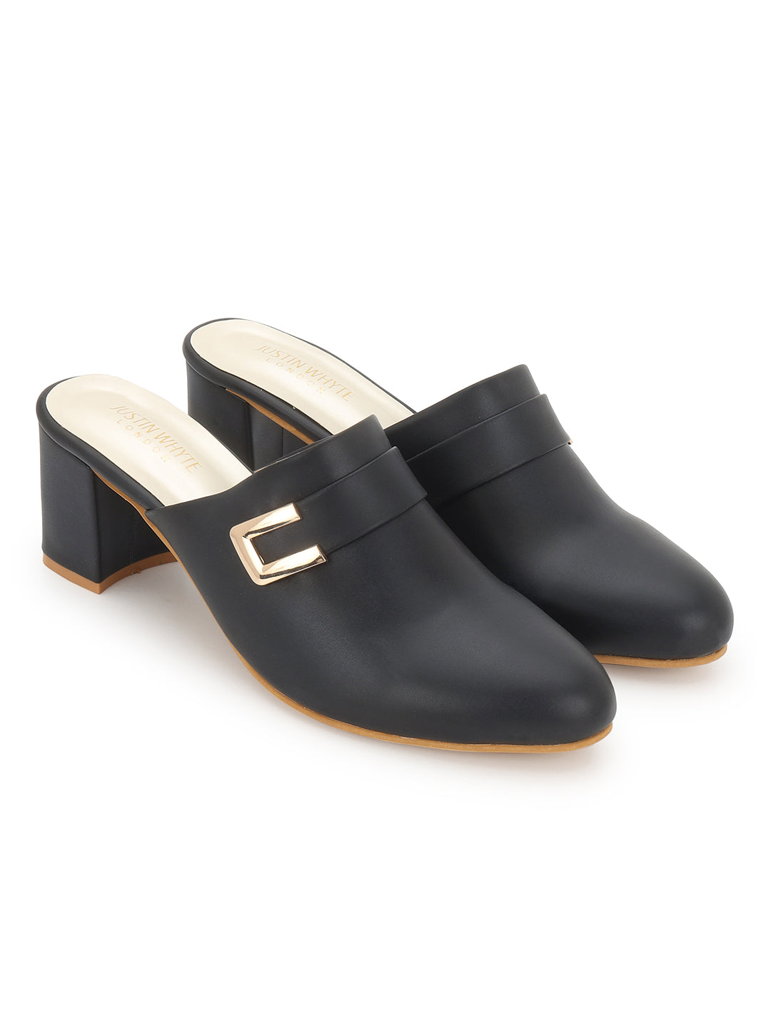 Black Block Heel Buckled Pumps