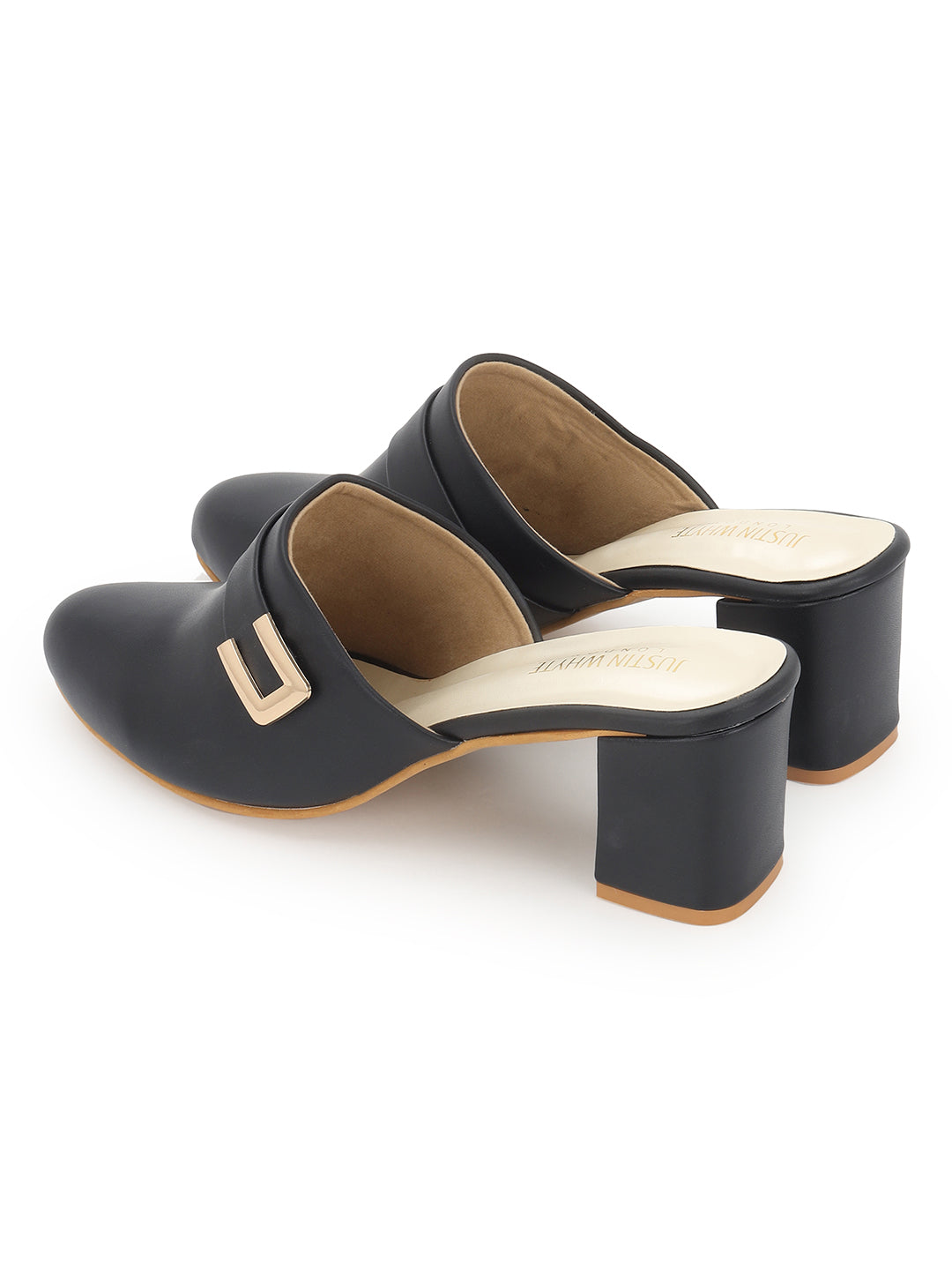 Black Block Heel Buckled Pumps