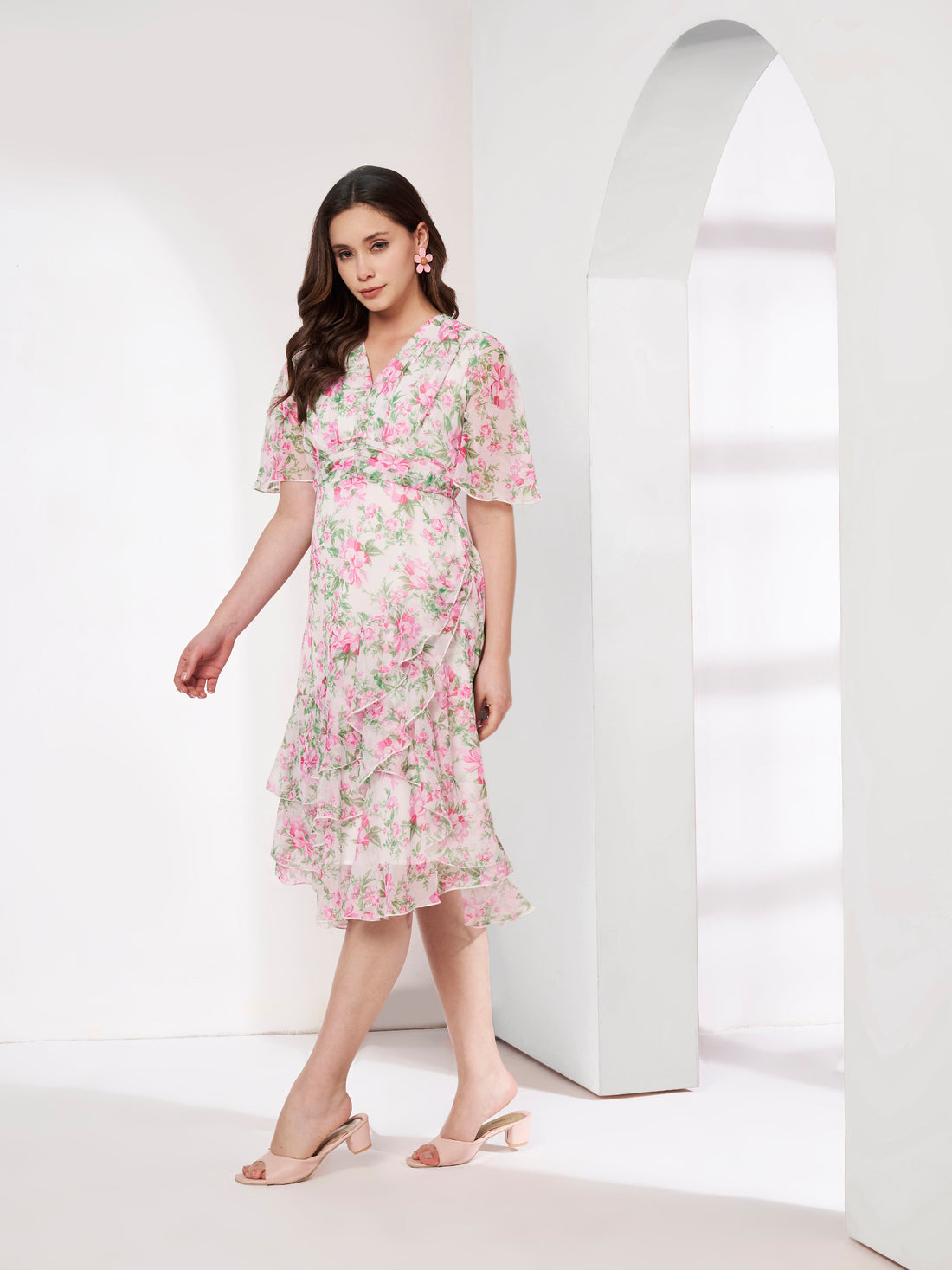 Stylish Pink Floral Layered Dress