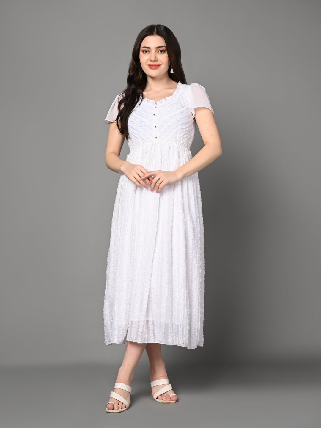 Stylish White Textured Flared Midi Dress