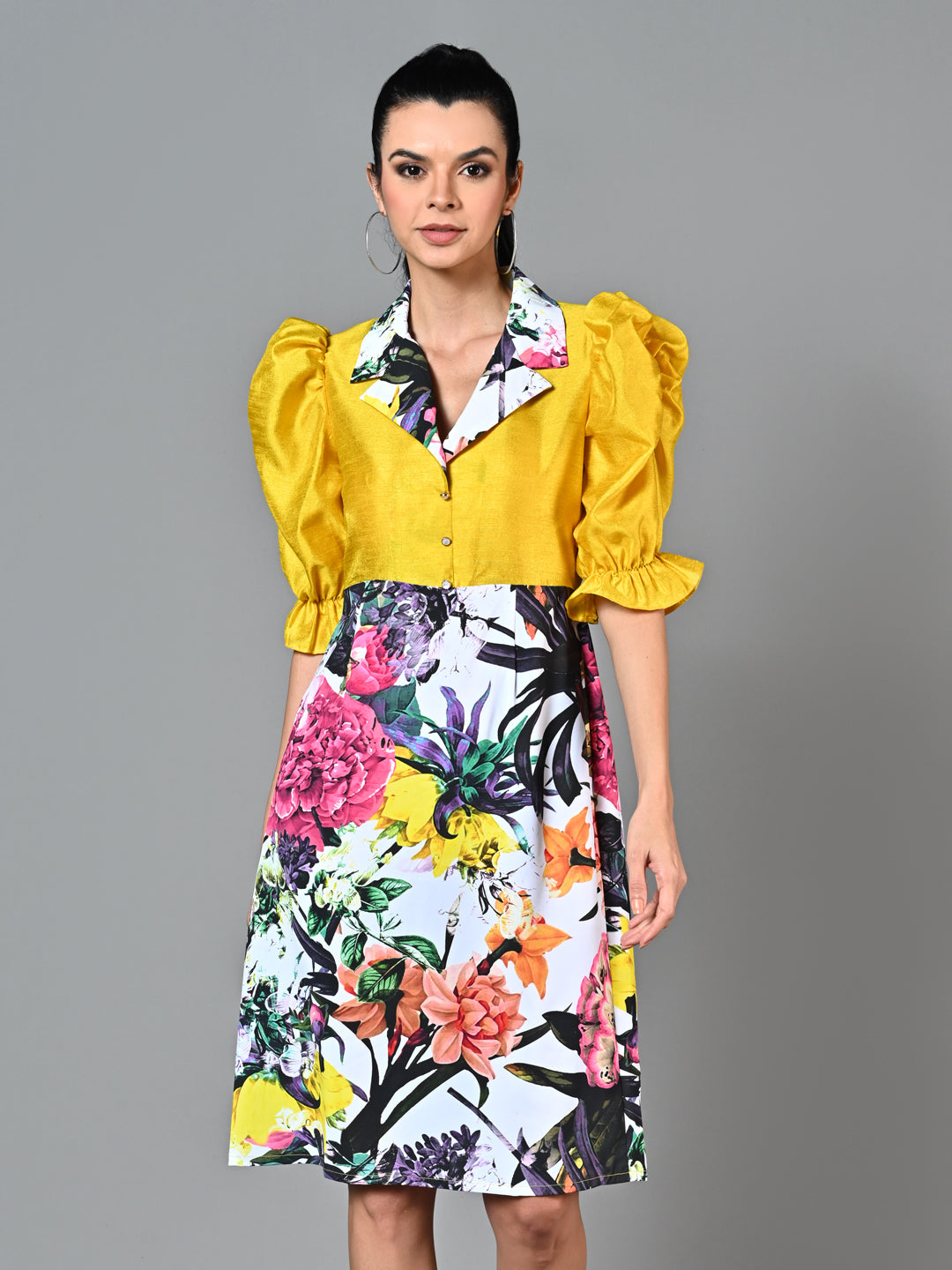 Fancy Yellow Floral Printed Flared Dress