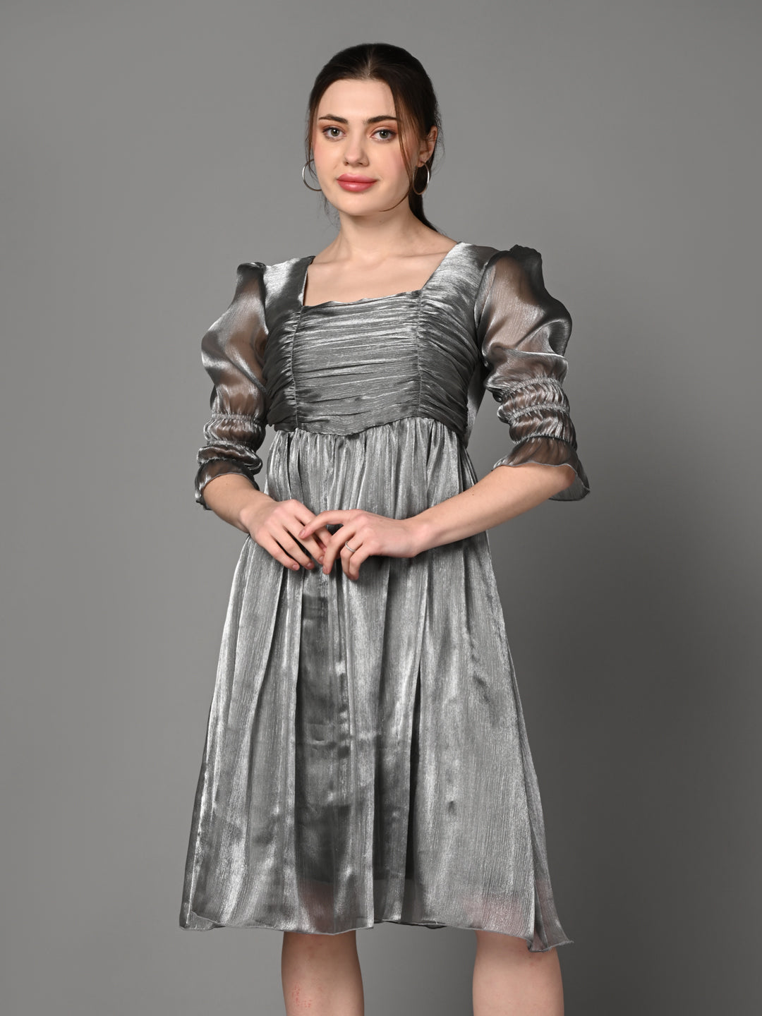 Classy Silver Ruched Ruffled dress