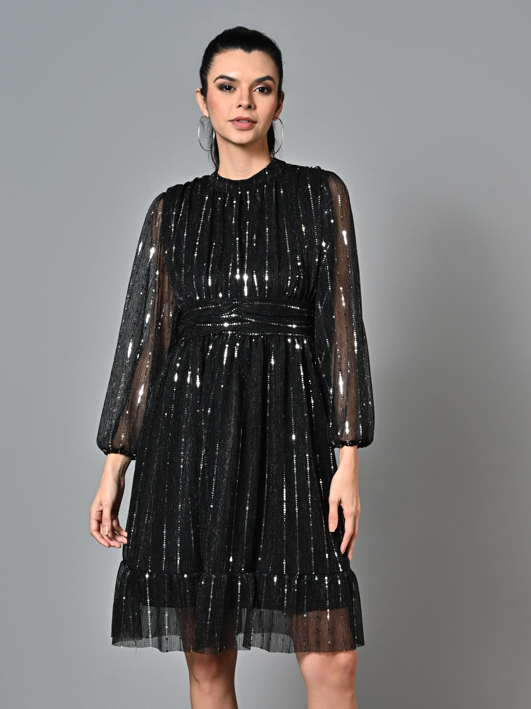 Classy Black Pleated Flared Dress